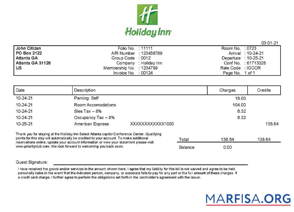 Blank USA Holiday Inn InterContinental Hotels Group invoice template